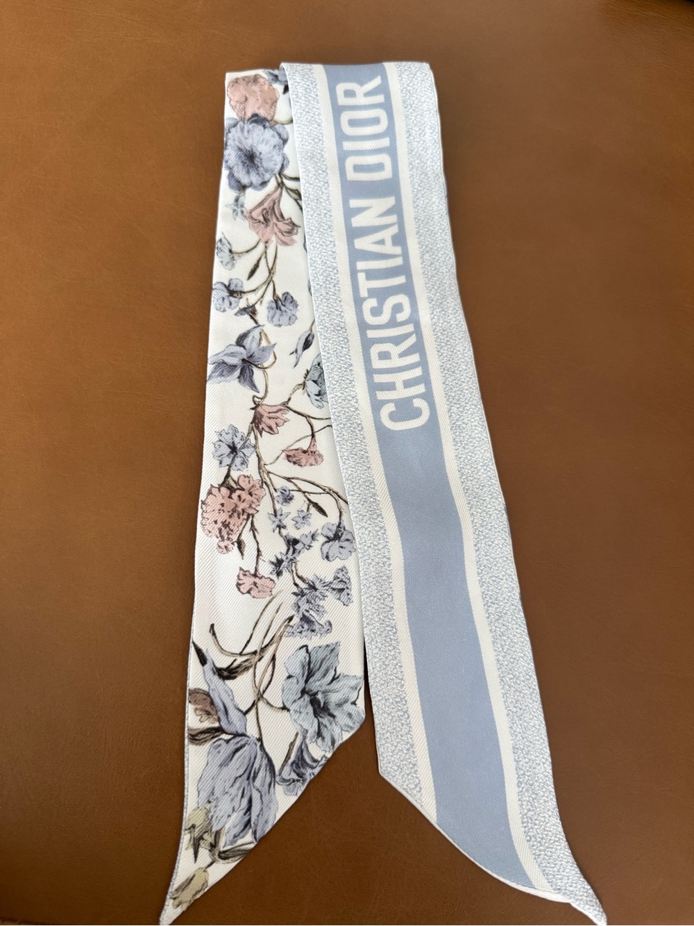 Dior Blue and White Floral Twilly Scarf